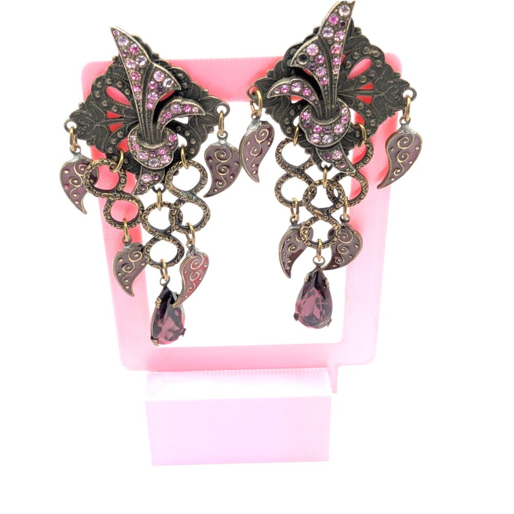 Antique Brass Tone Pink Rhinestone Floral Dangle Earrings Long 3in READ